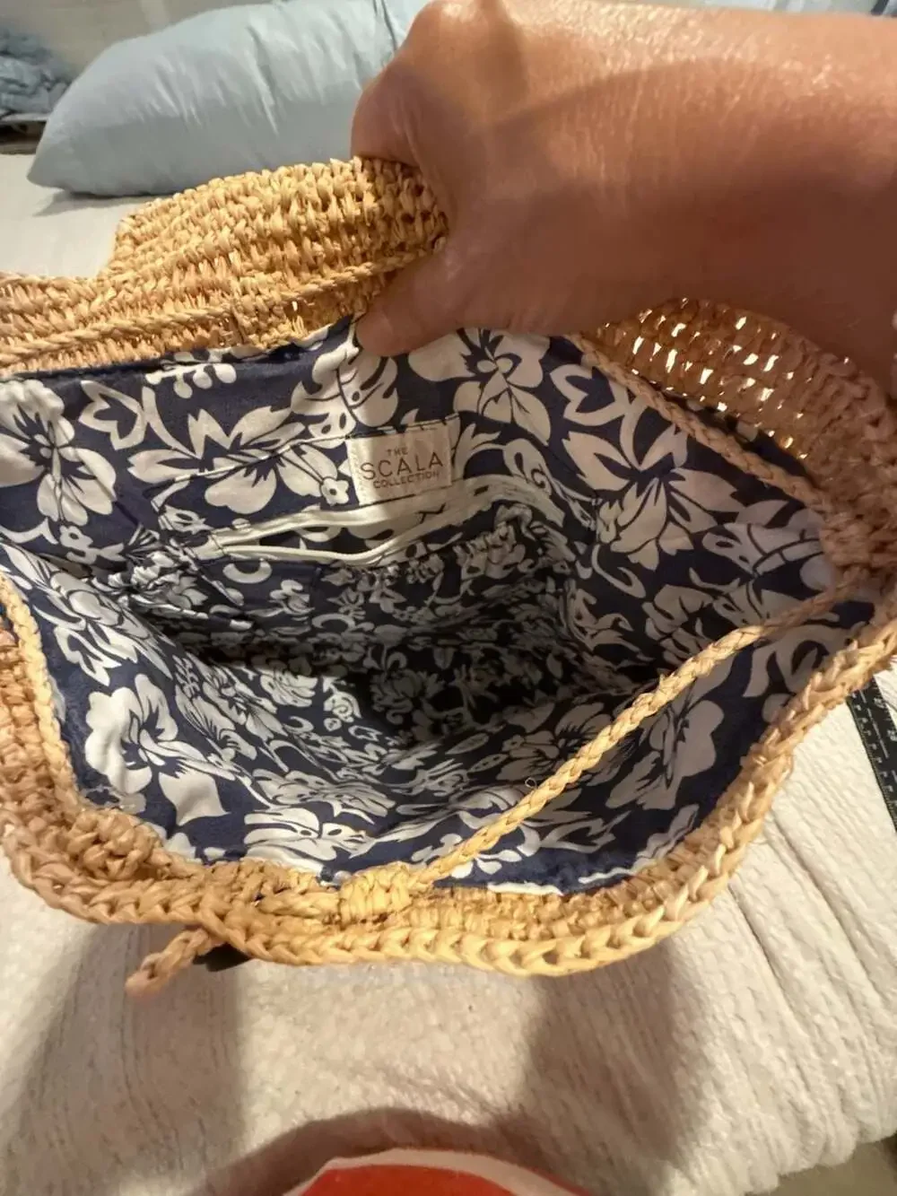 The Scala Collection Woven Raffia Straw Backpack with Floral Lining